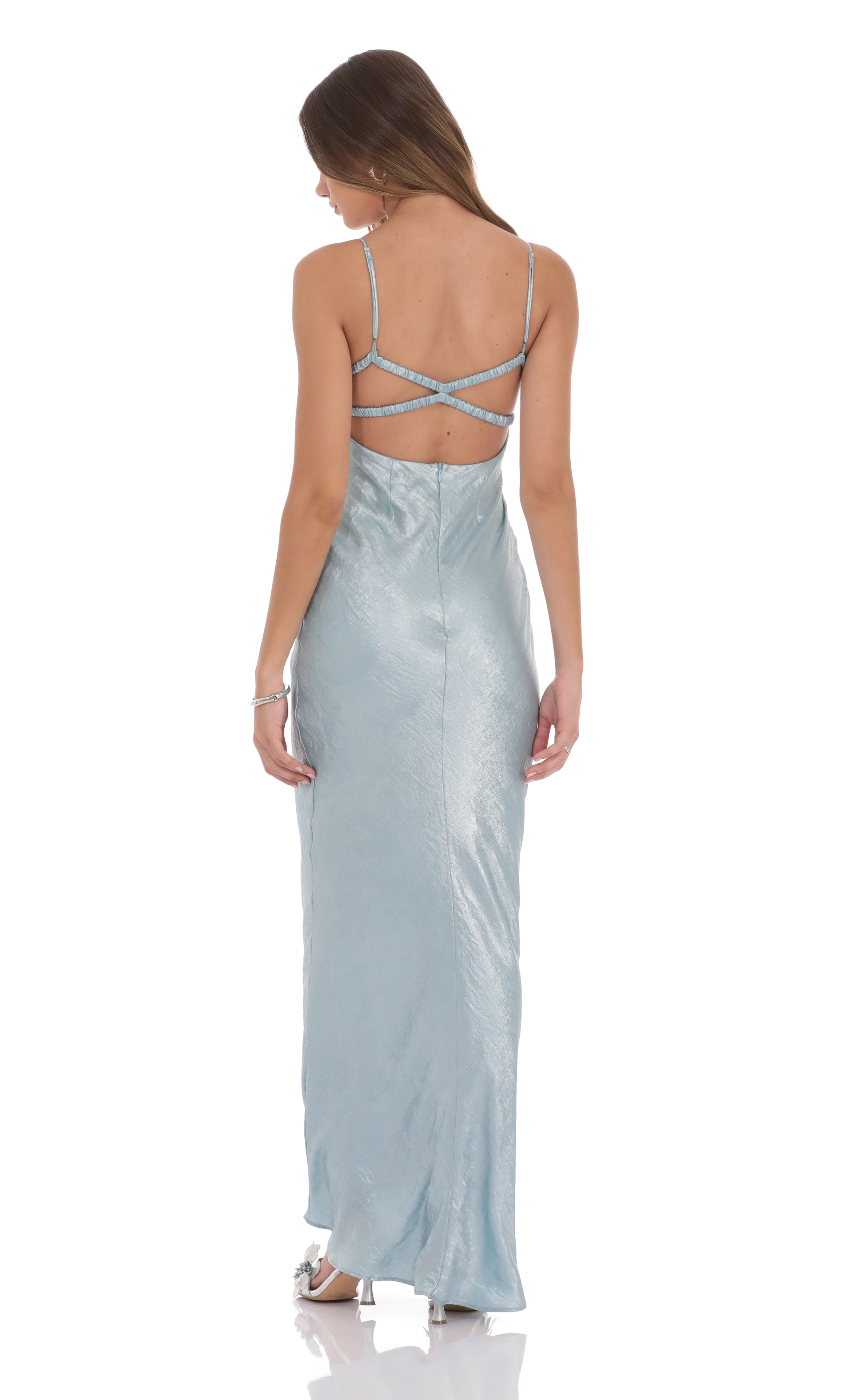 Crinkle Satin Open Back Maxi Dress in Sky Blue-My Sky Diva