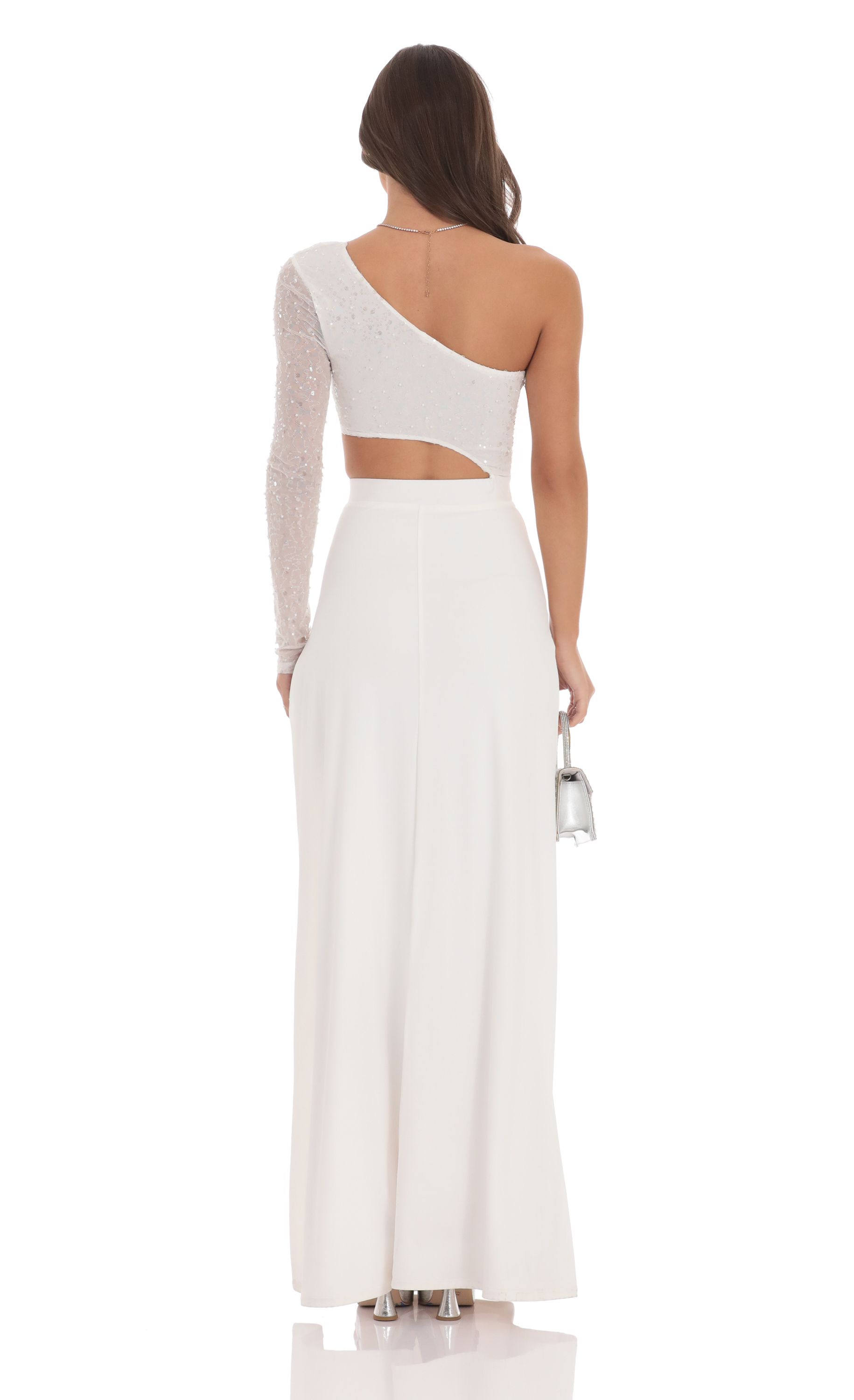 One Shoulder Sequin Maxi Dress in White-My Sky Diva