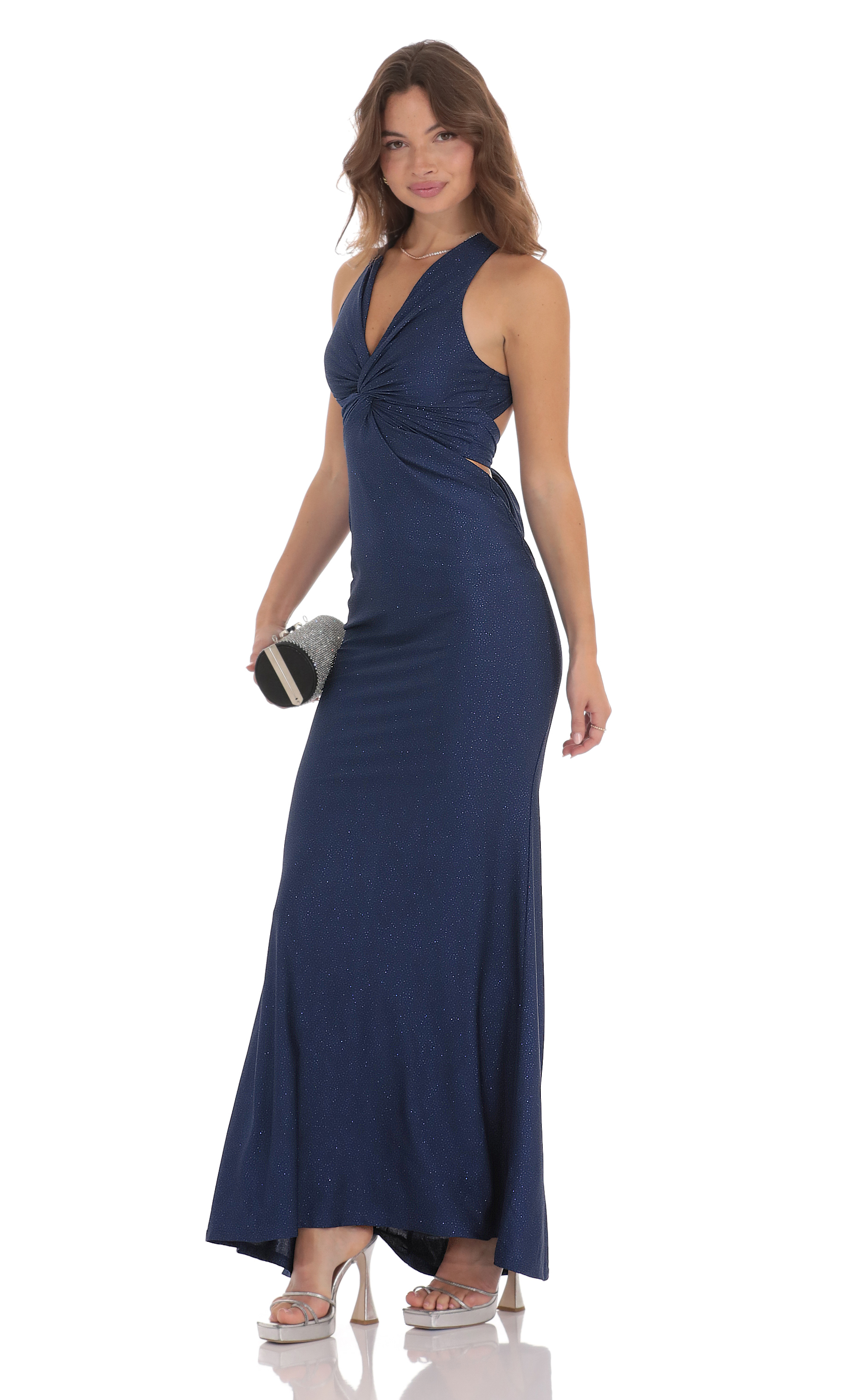 Glitter Twist V-Neck Maxi Dress in Navy-My Sky Diva