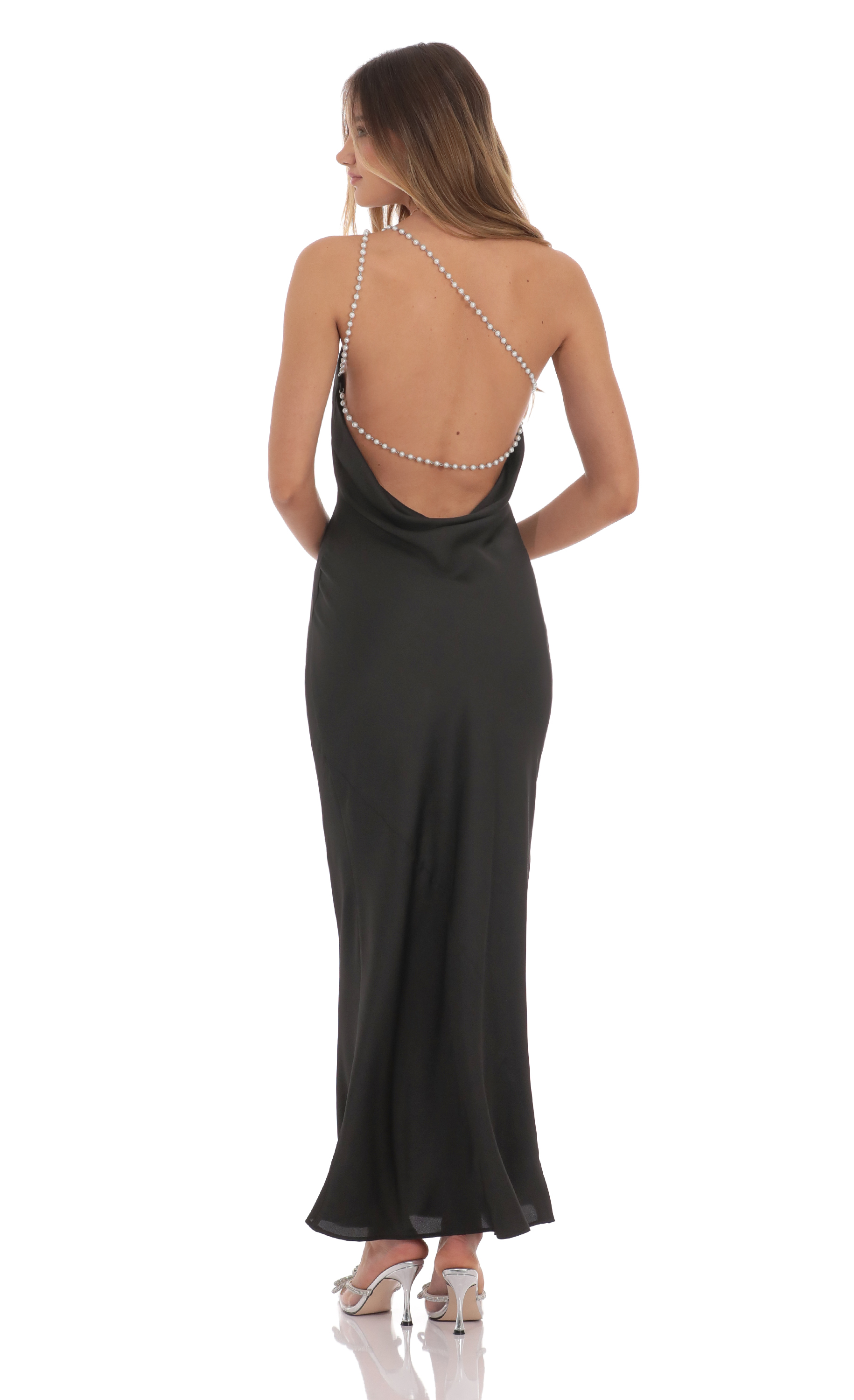 One Shoulder Pearl Satin Maxi Dress in Black-My Sky Diva
