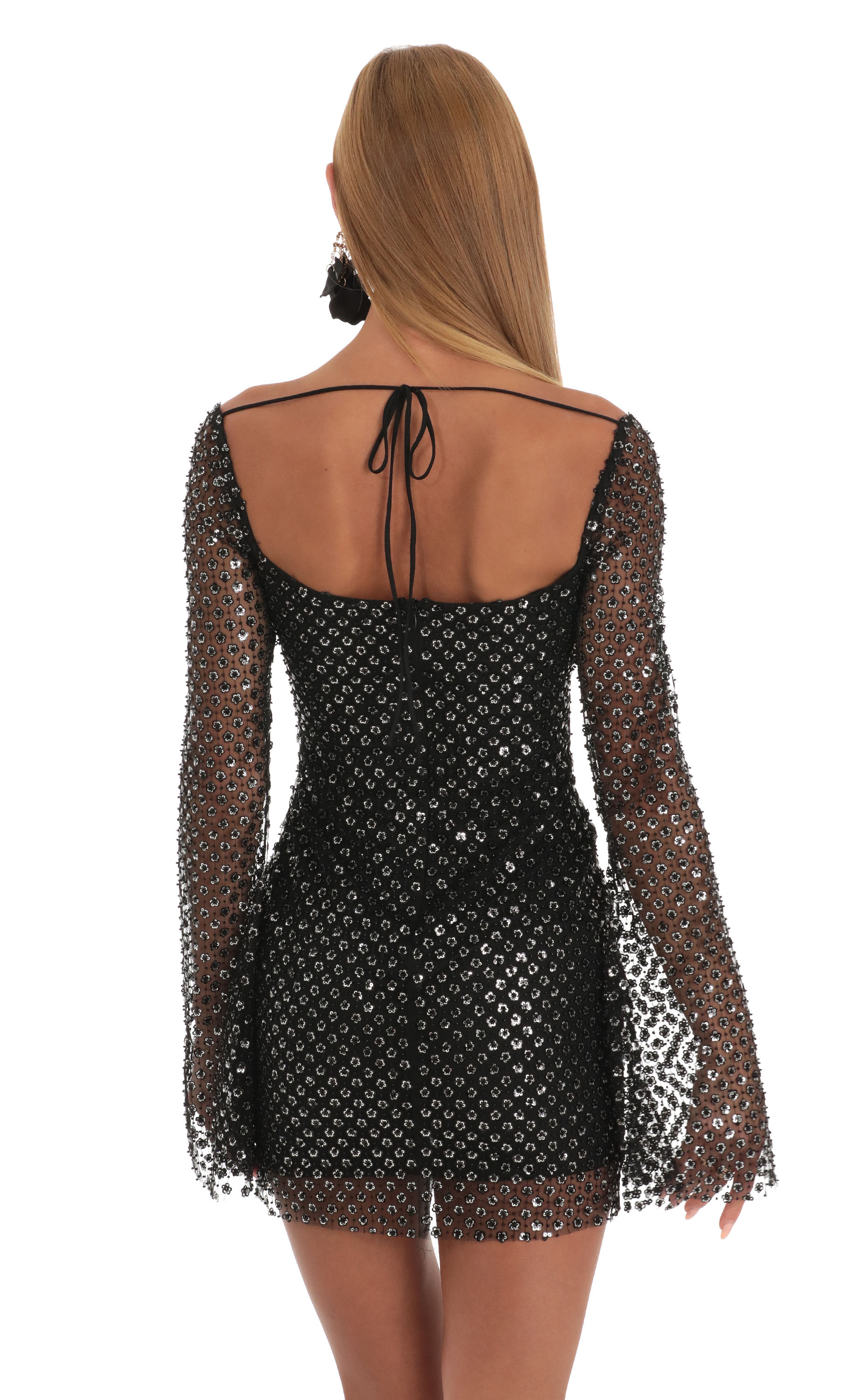 Sequin Floral Bell Sleeve Dress in Black-My Sky Diva
