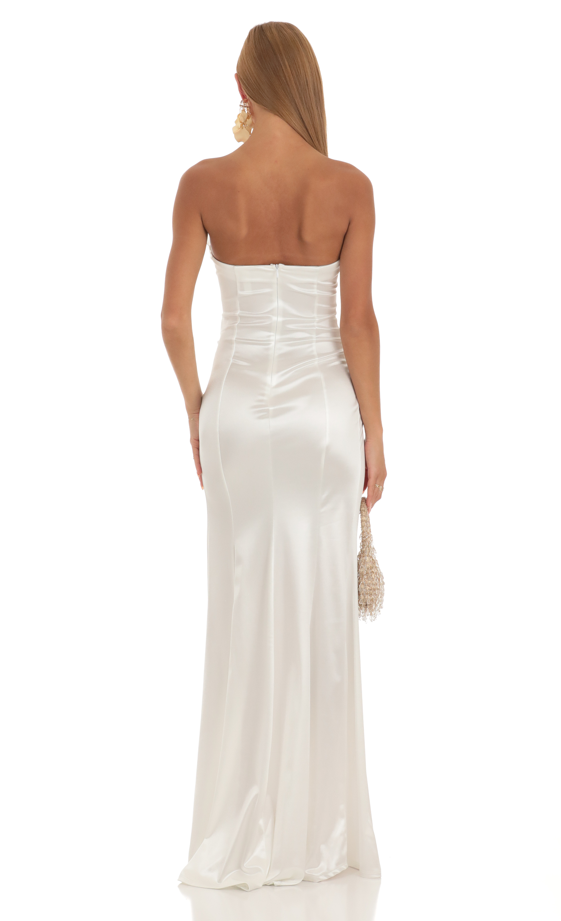 Strapless Satin Maxi Dress in White-My Sky Diva