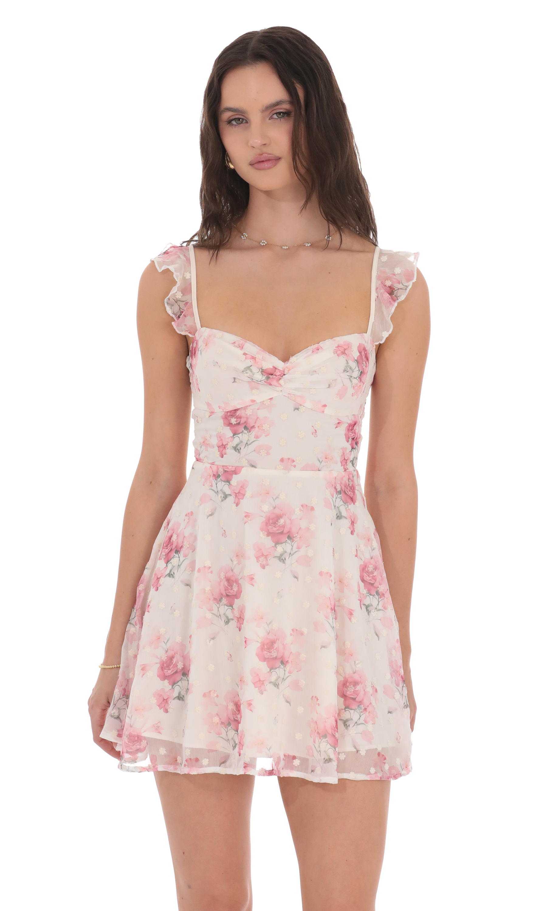Floral Ruffle Strap A-Line Dress in White-My Sky Diva