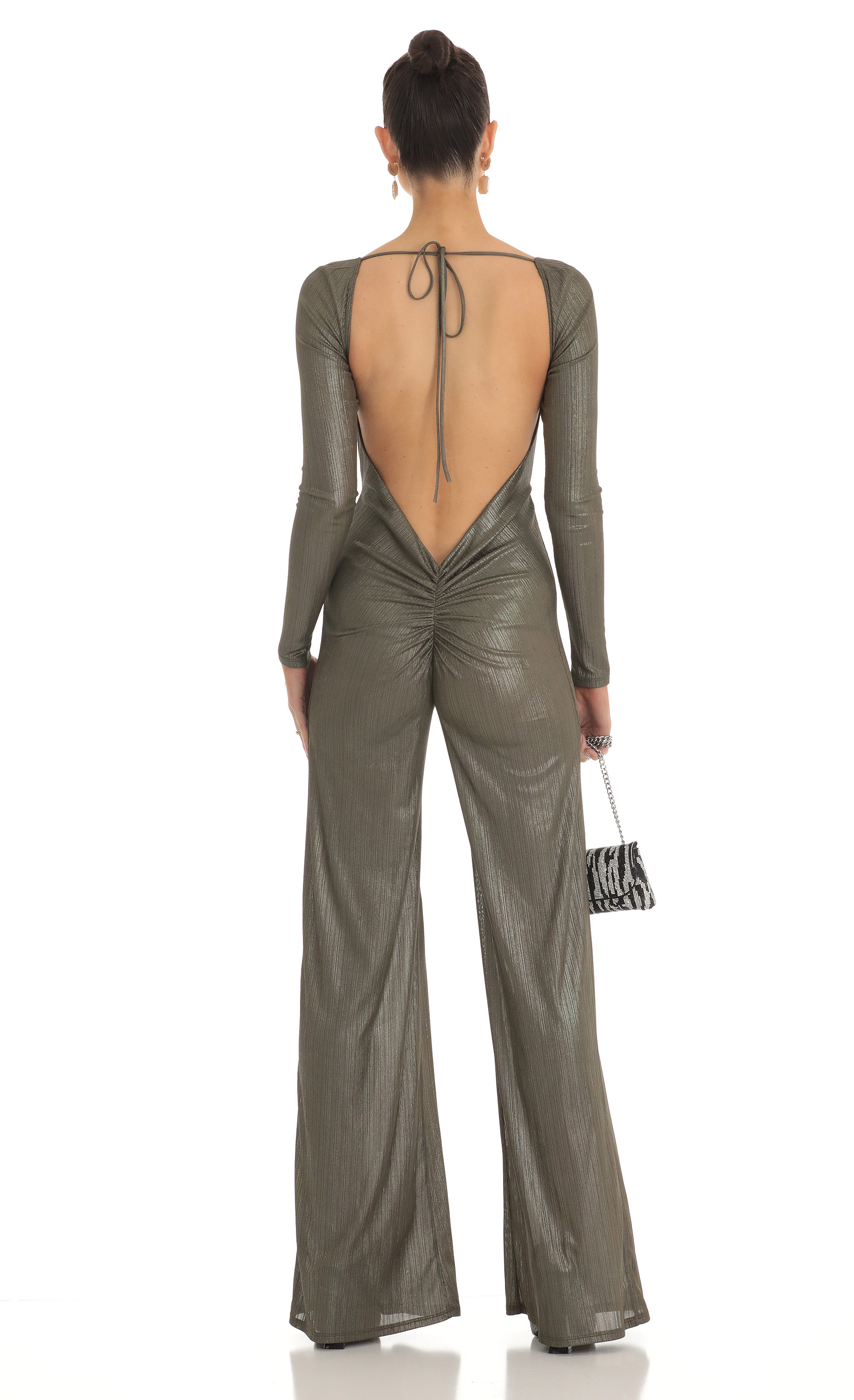Shimmer Open Back Long Sleeve Jumpsuit in Olive-My Sky Diva