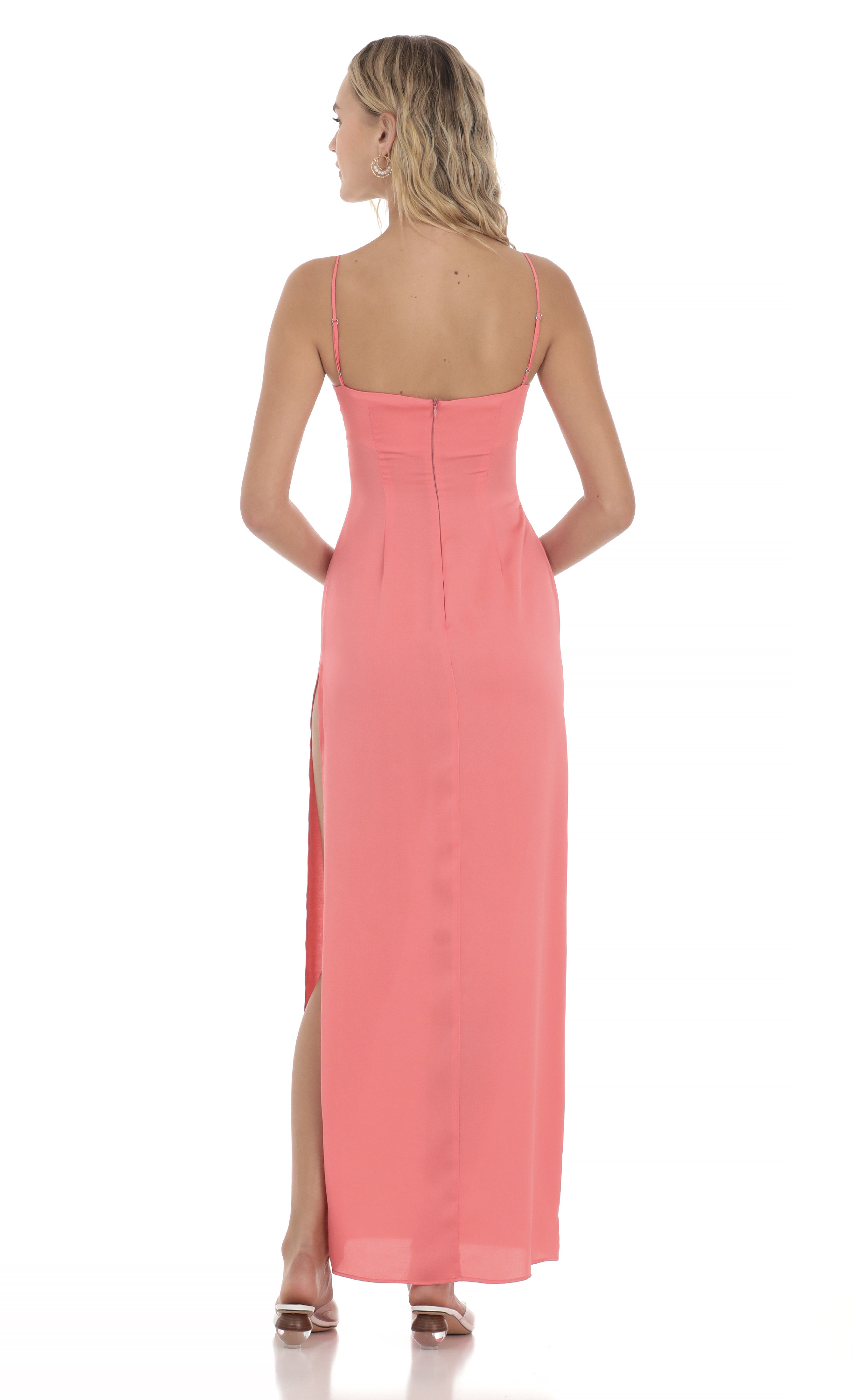Satin Cinched Maxi Dress in Coral-My Sky Diva