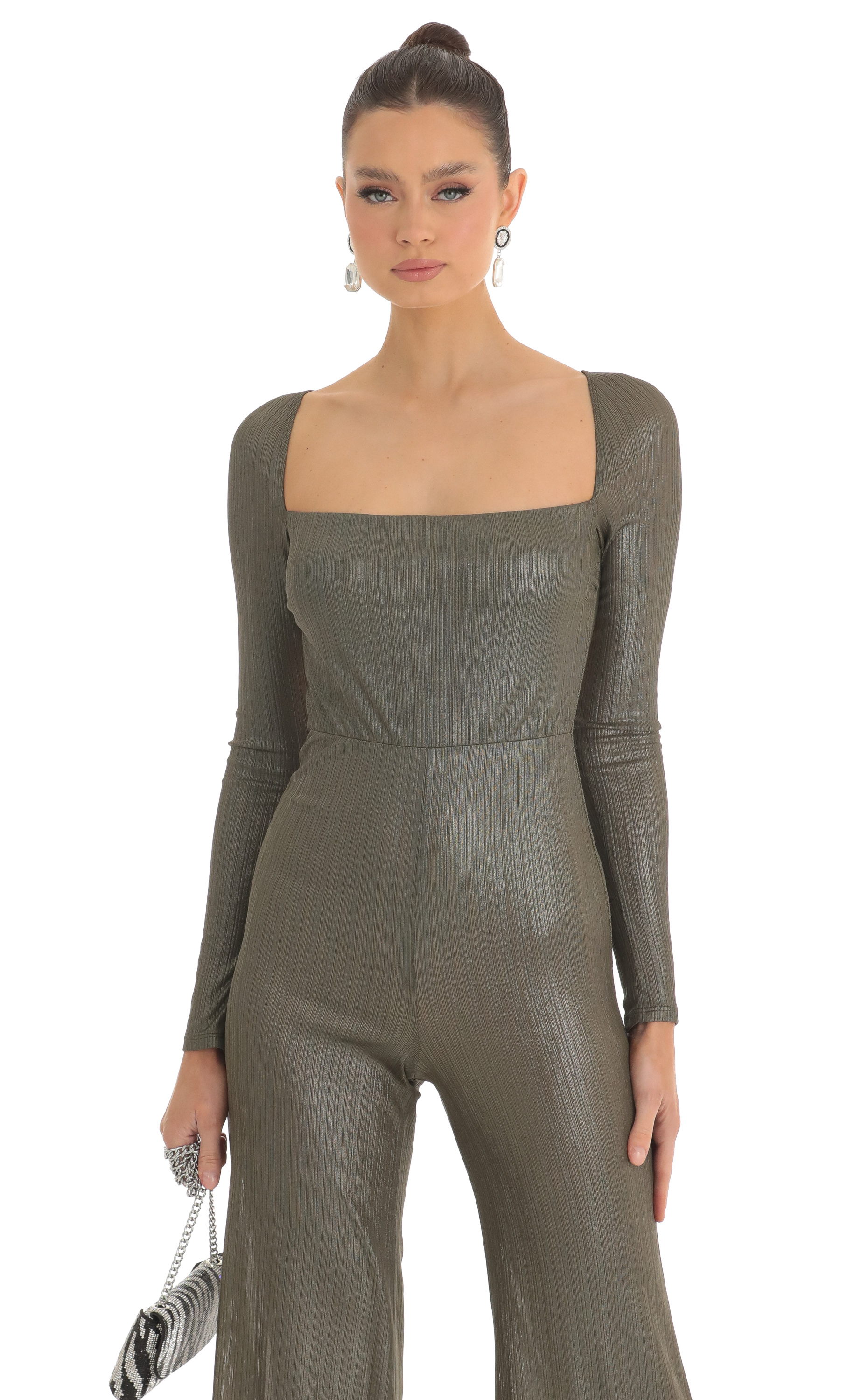 Shimmer Open Back Long Sleeve Jumpsuit in Olive-My Sky Diva