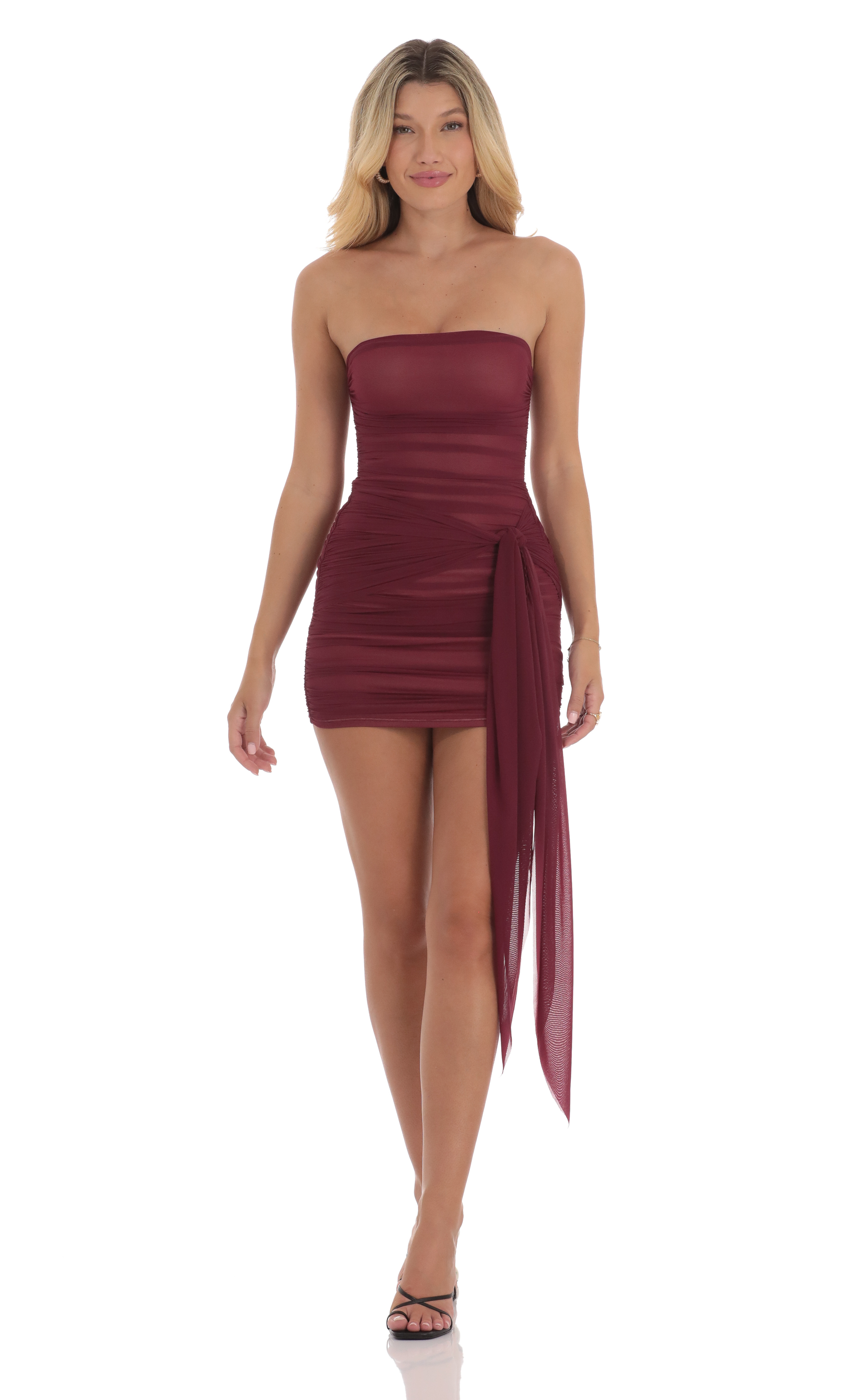 Mesh Tie Tassel Bodycon Dress in Burgundy-My Sky Diva