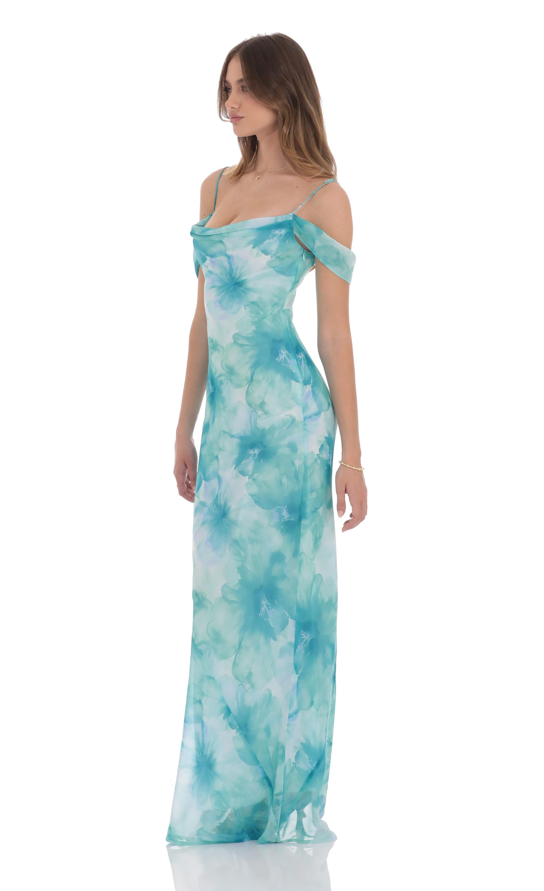 Floral Off Shoulder Maxi Dress in Aquamarine-My Sky Diva
