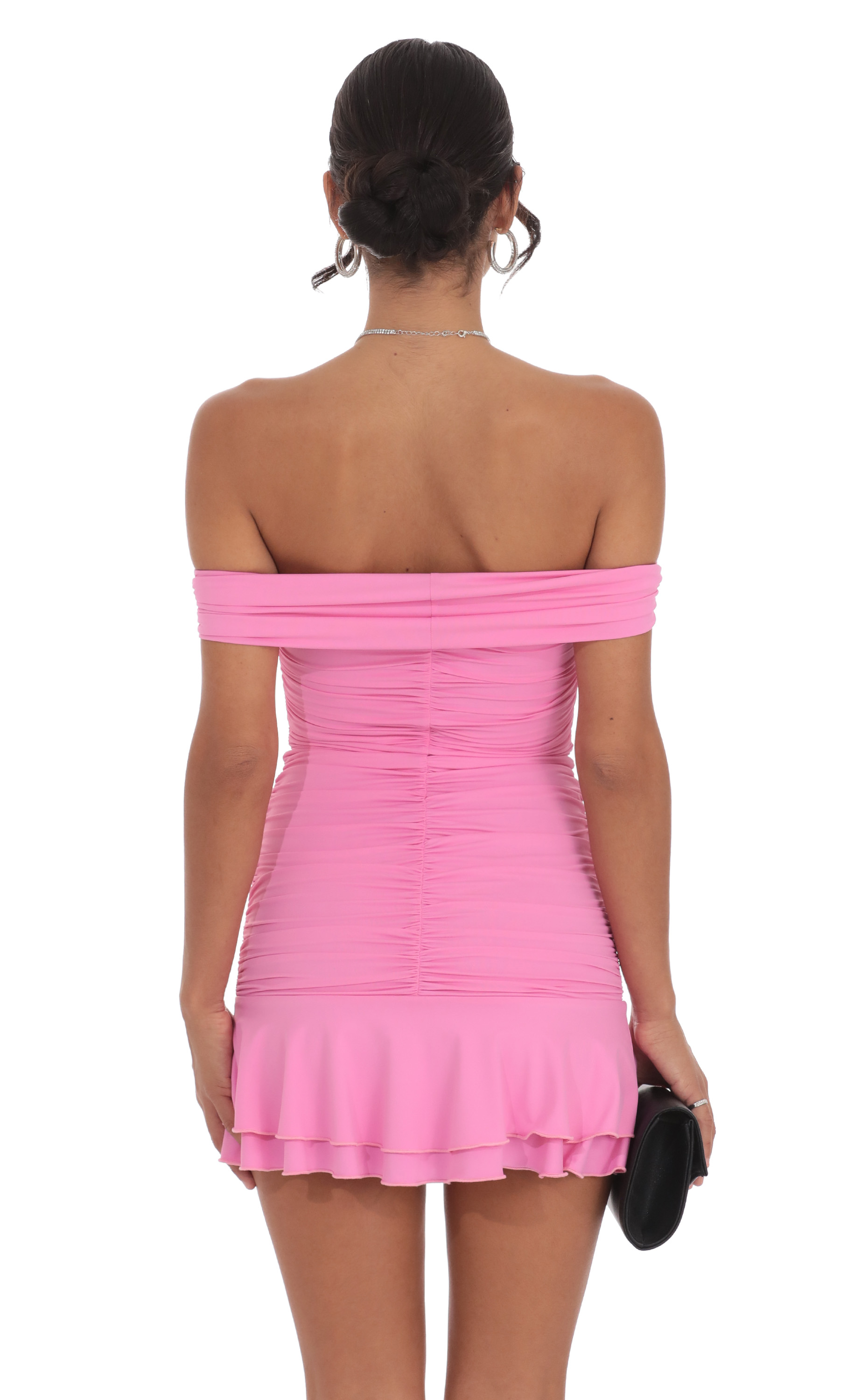 Off Shoulder Ruched Ruffle Dress in Pink-My Sky Diva