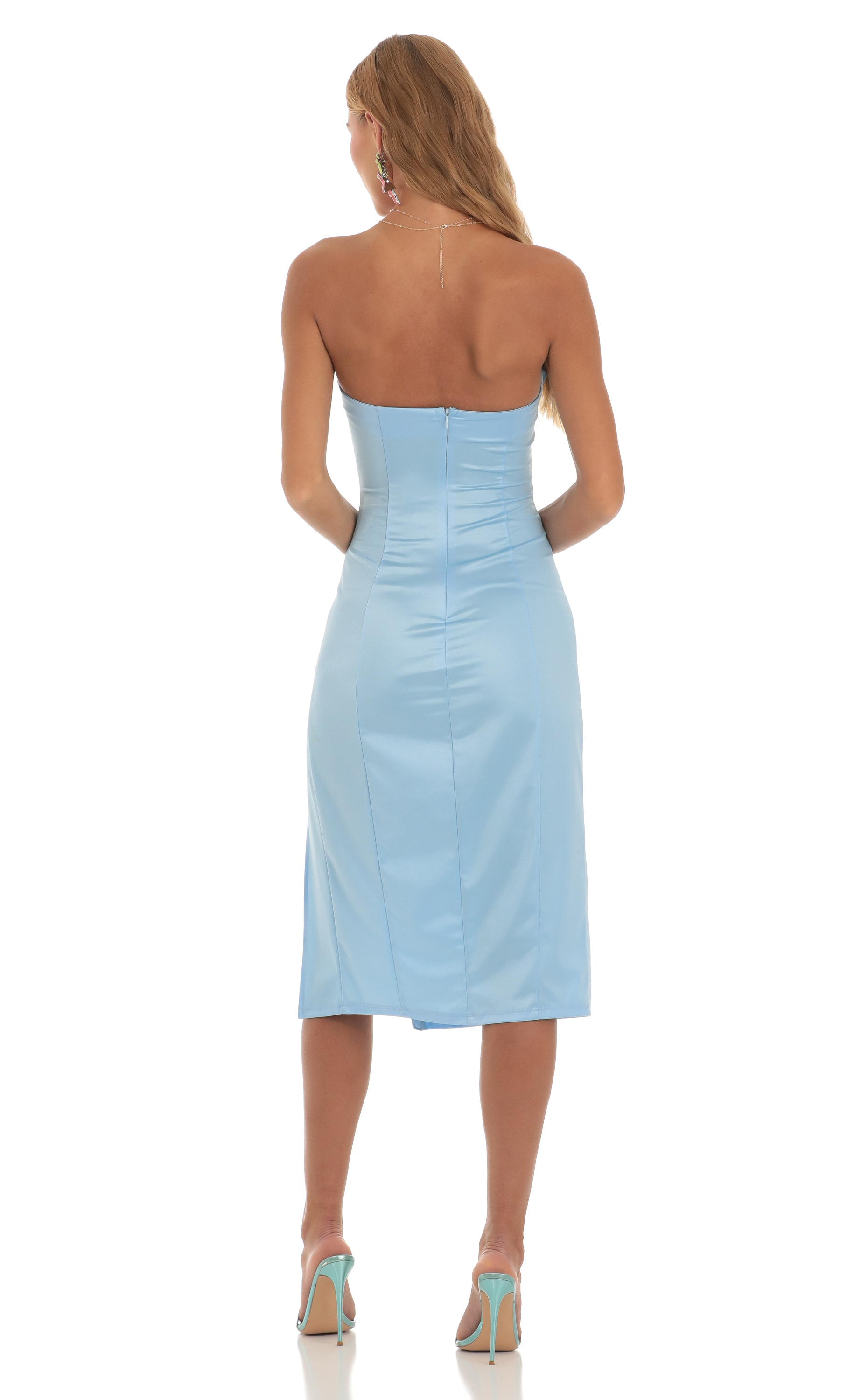 Satin Strapless Midi Dress in Blue-My Sky Diva