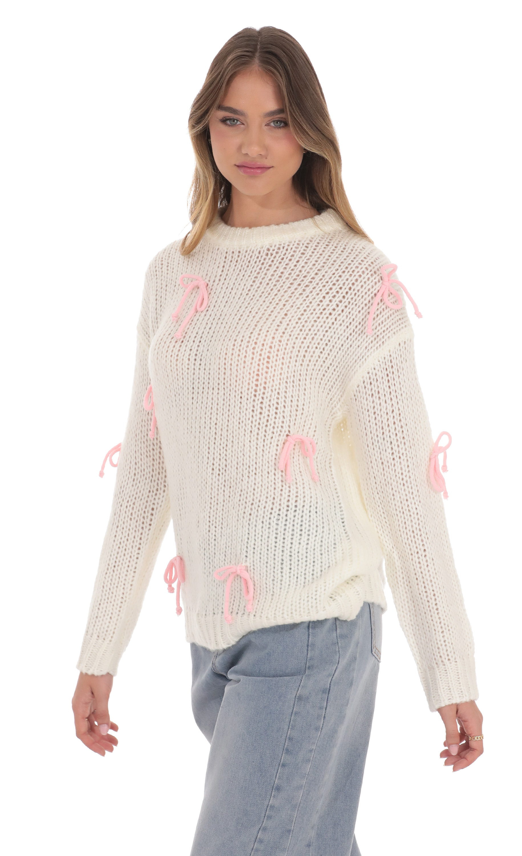 Knitted Bows Jumper in Cream-My Sky Diva