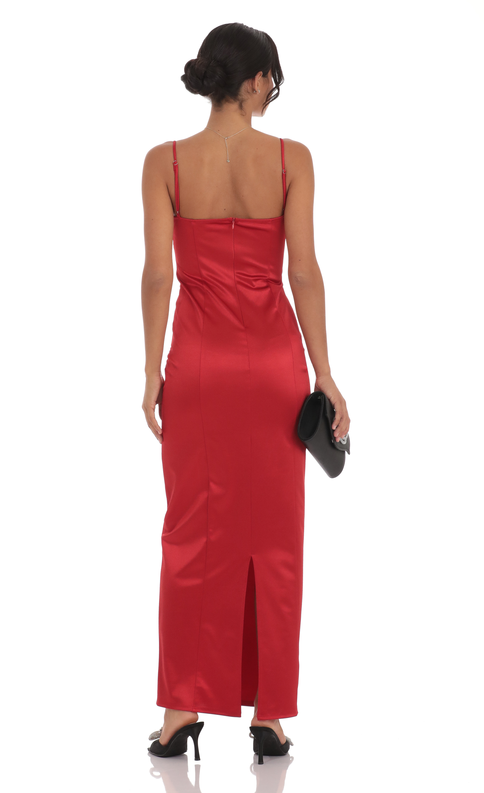 Satin Front Bow Maxi Dress in Red-My Sky Diva