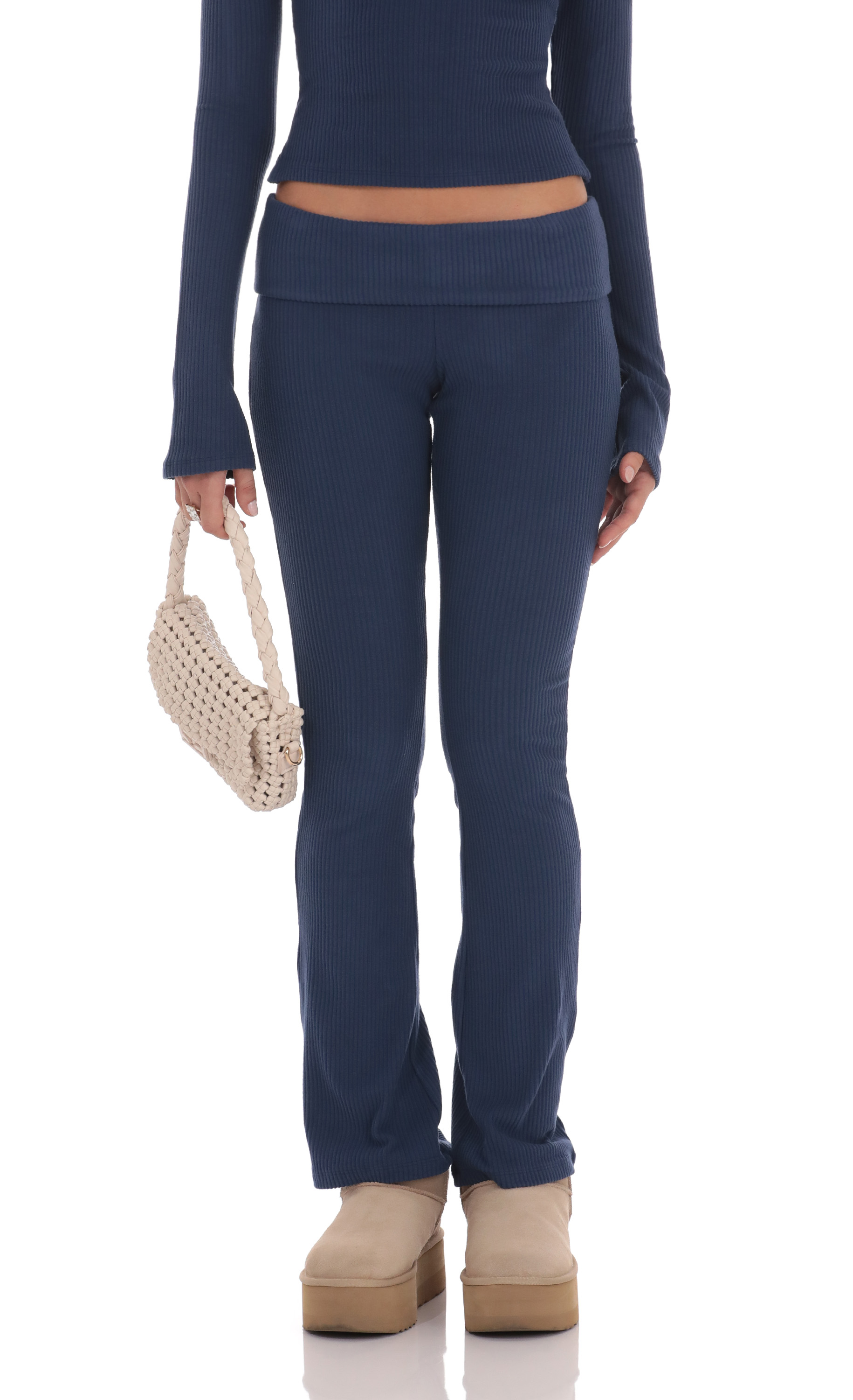Low Rise Ribbed Flare Pants in Navy-My Sky Diva