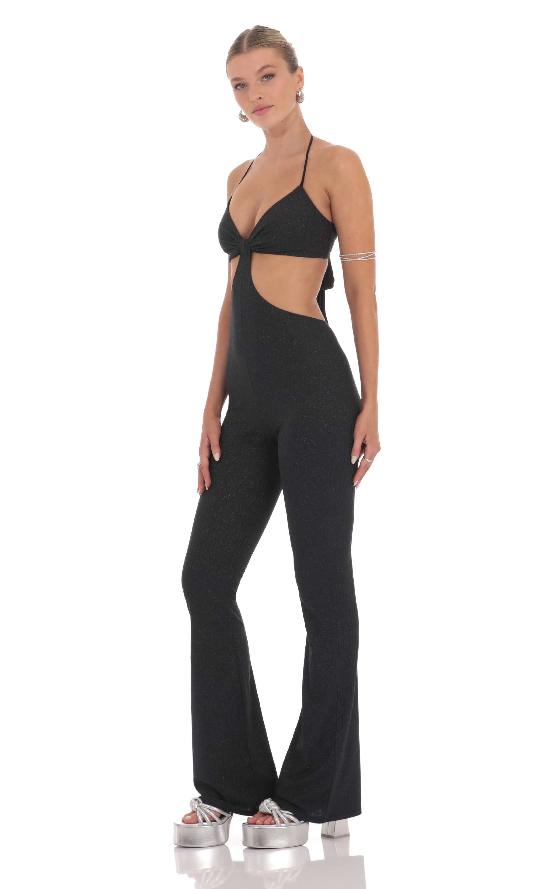 Shimmer Ribbed Cutout Jumpsuit in Black-My Sky Diva
