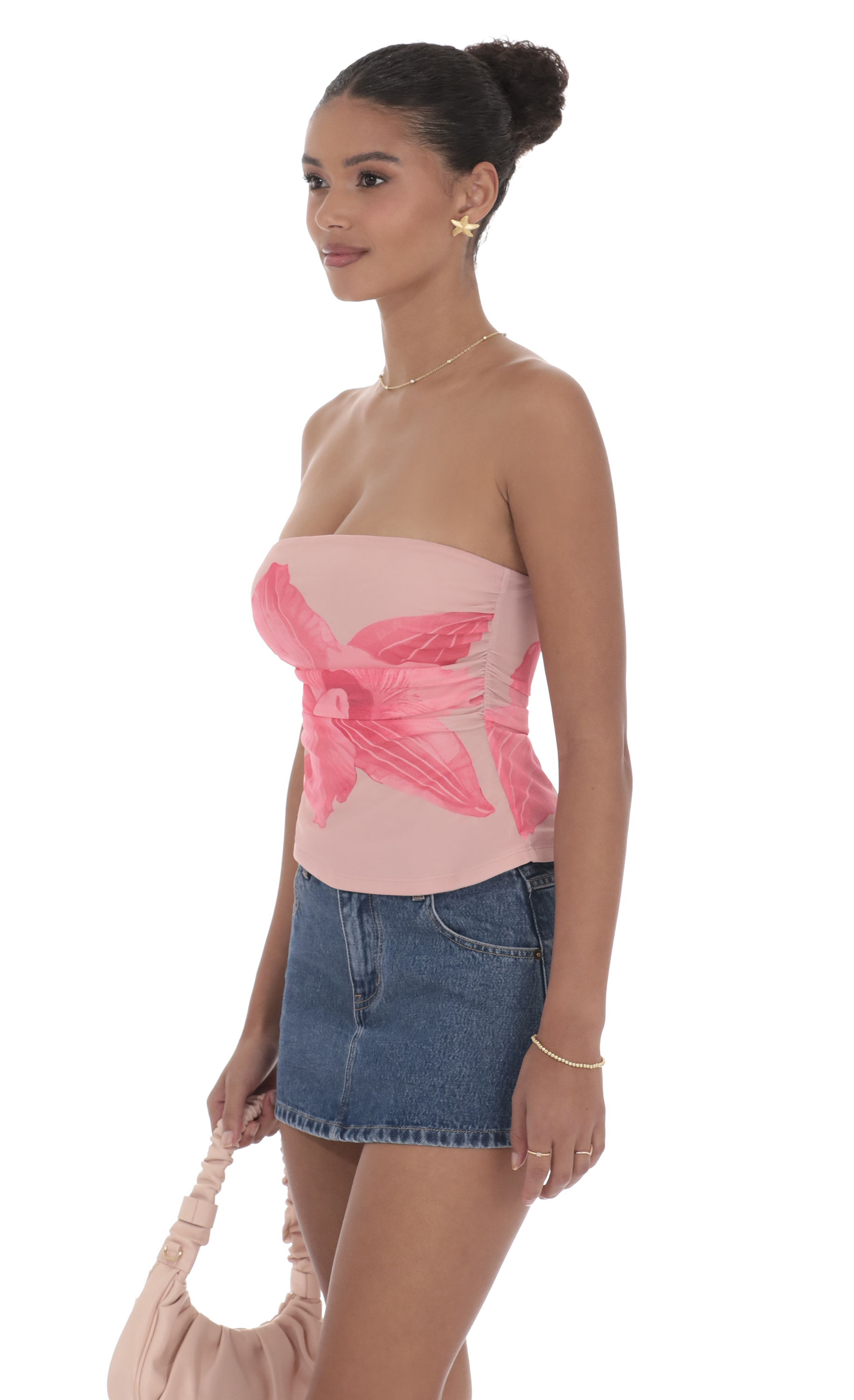 Mesh Floral Ruched Tube Top in Blush Pink-My Sky Diva