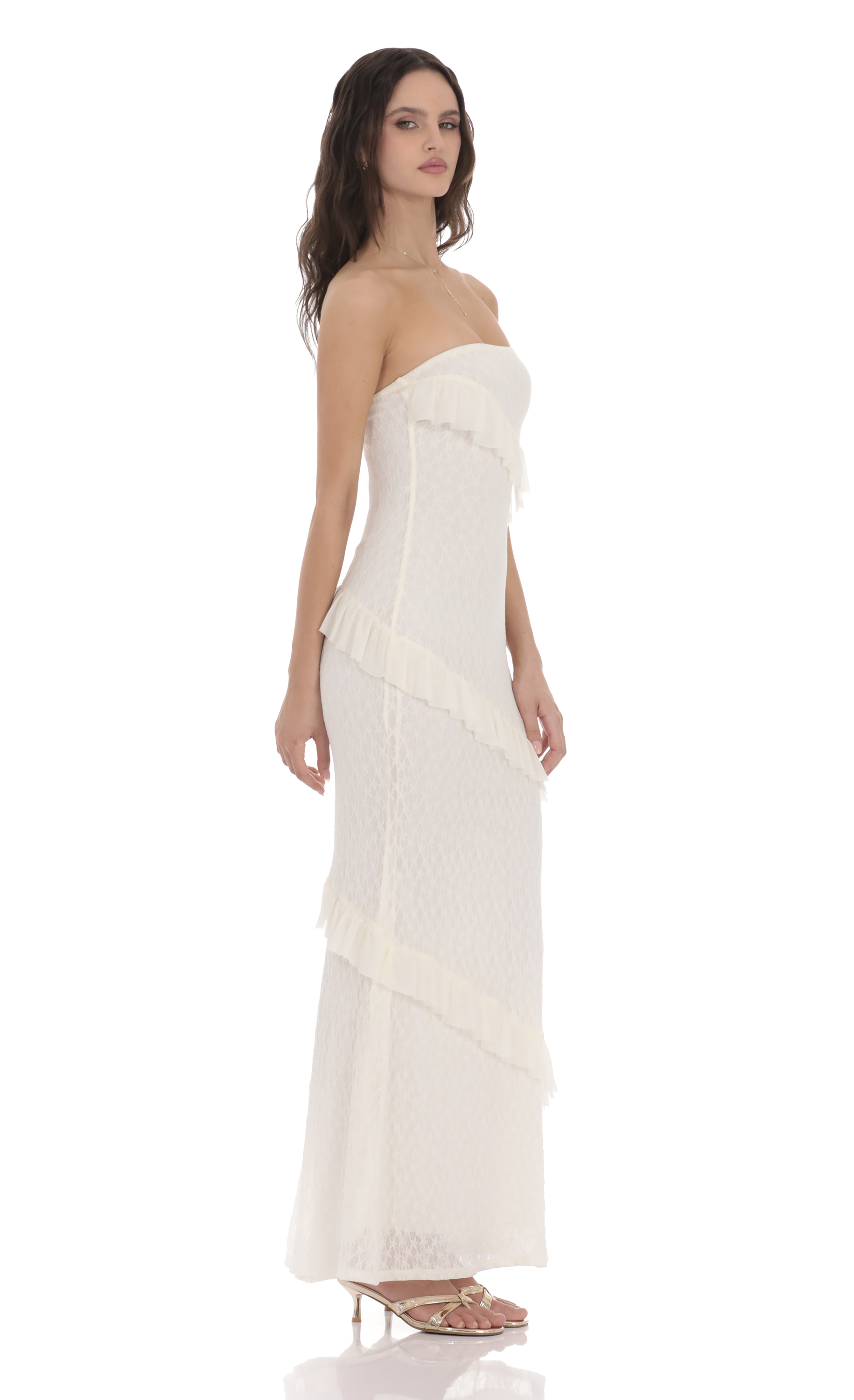 Strapless Lace Ruffle Maxi Dress in Ivory-My Sky Diva