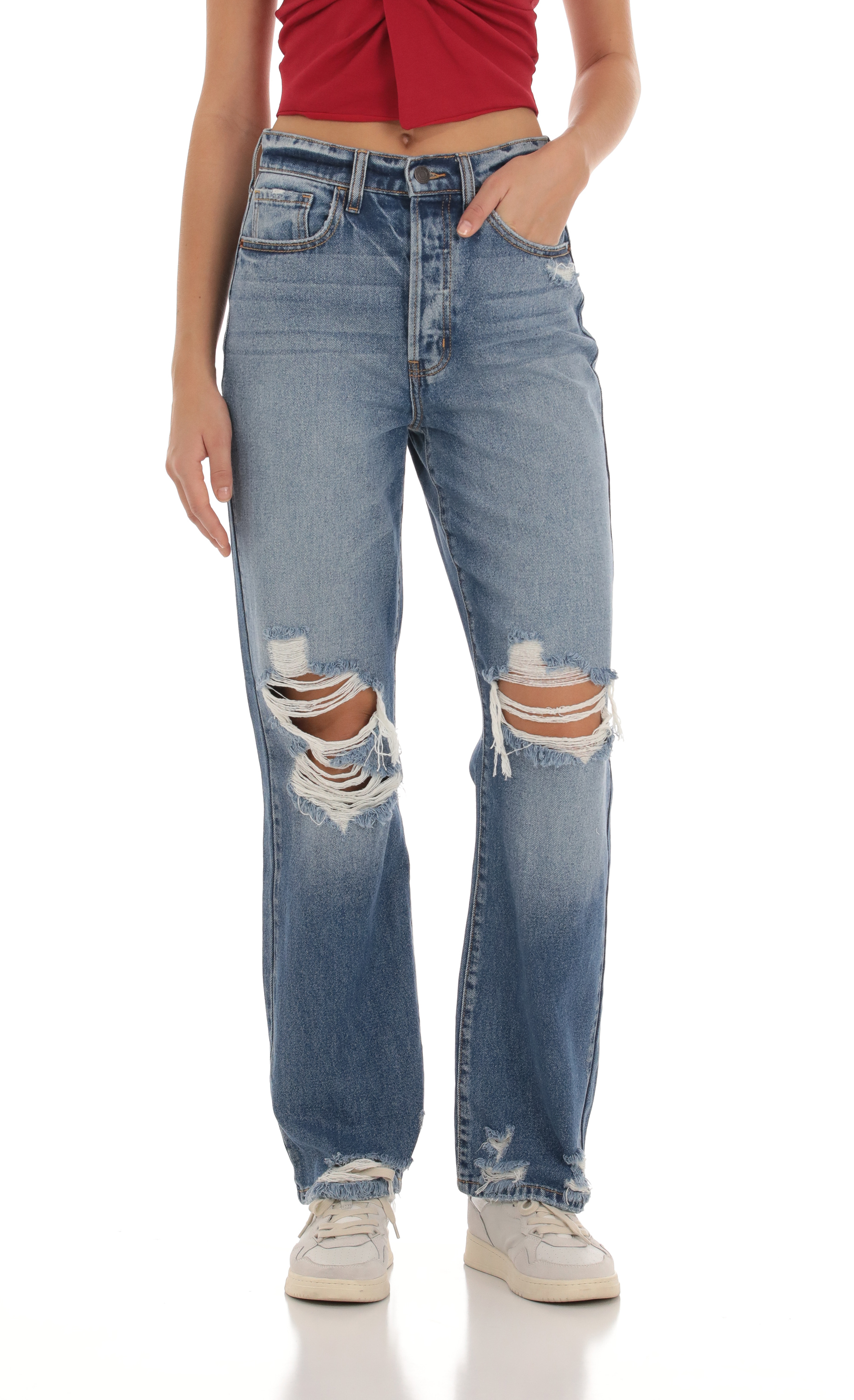 Distressed Jeans in Faded Denim-My Sky Diva