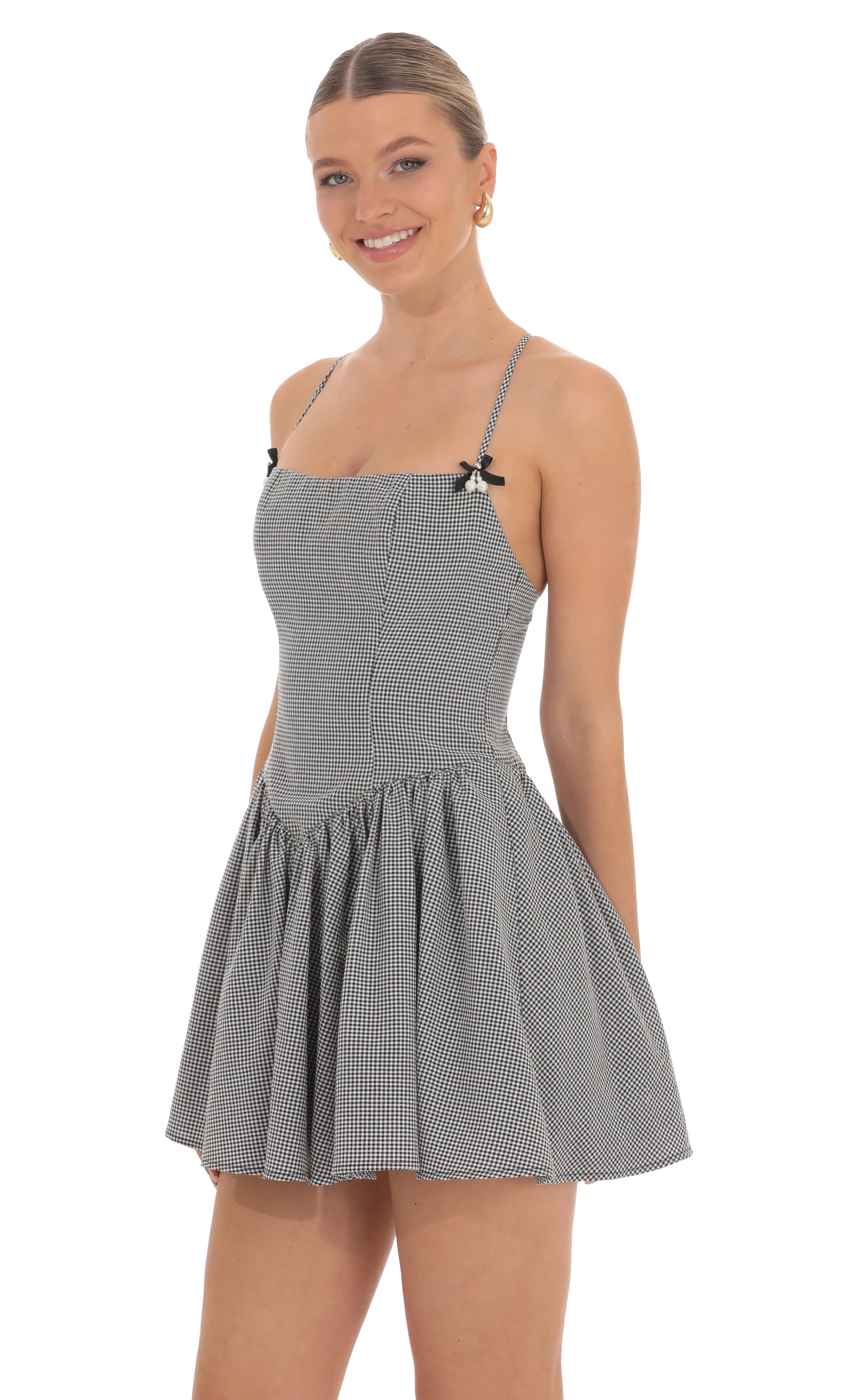 Pearl Charm Flare Dress in Gingham Print-My Sky Diva