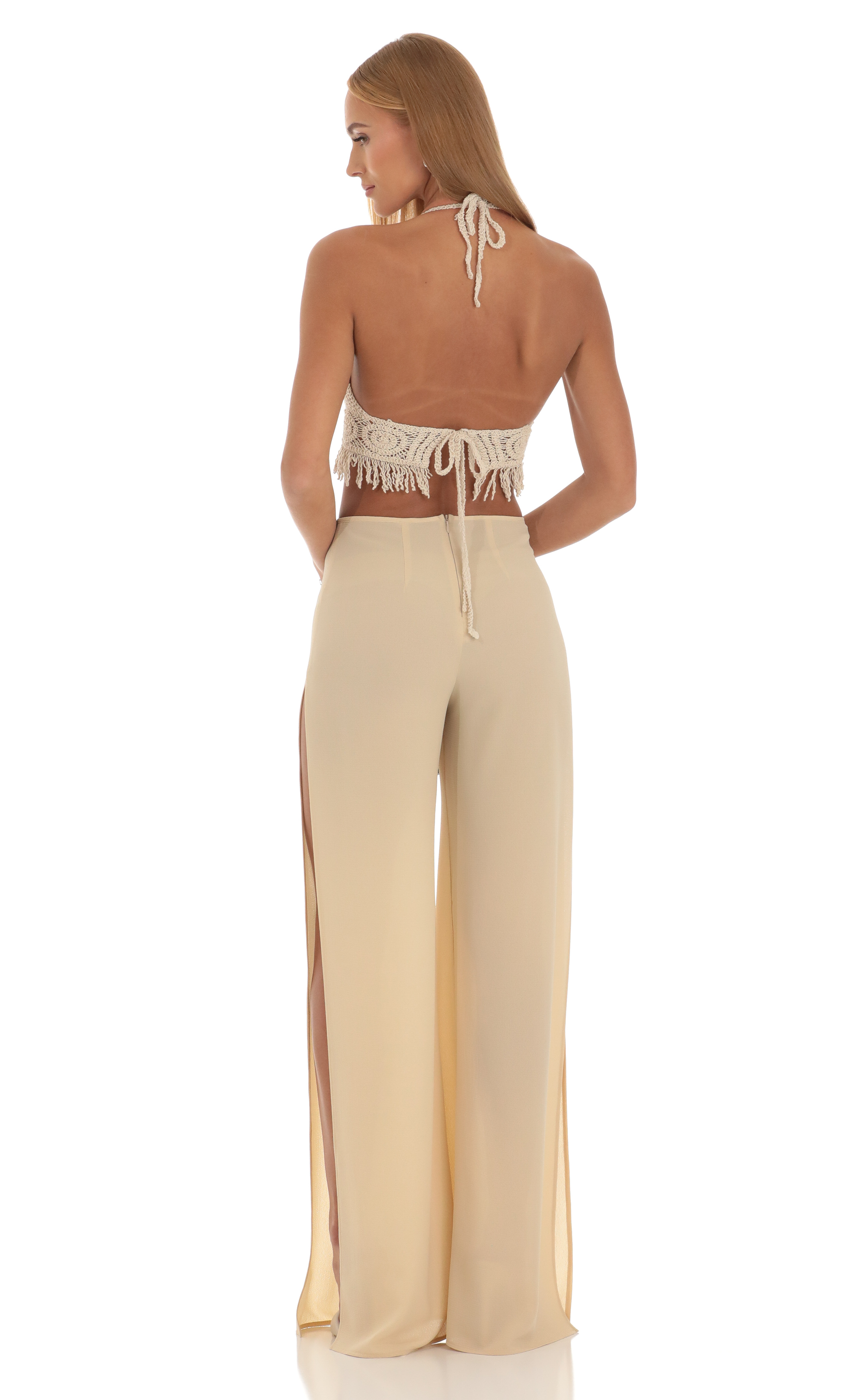 Crochet Fringe Jumpsuit in Beige-My Sky Diva