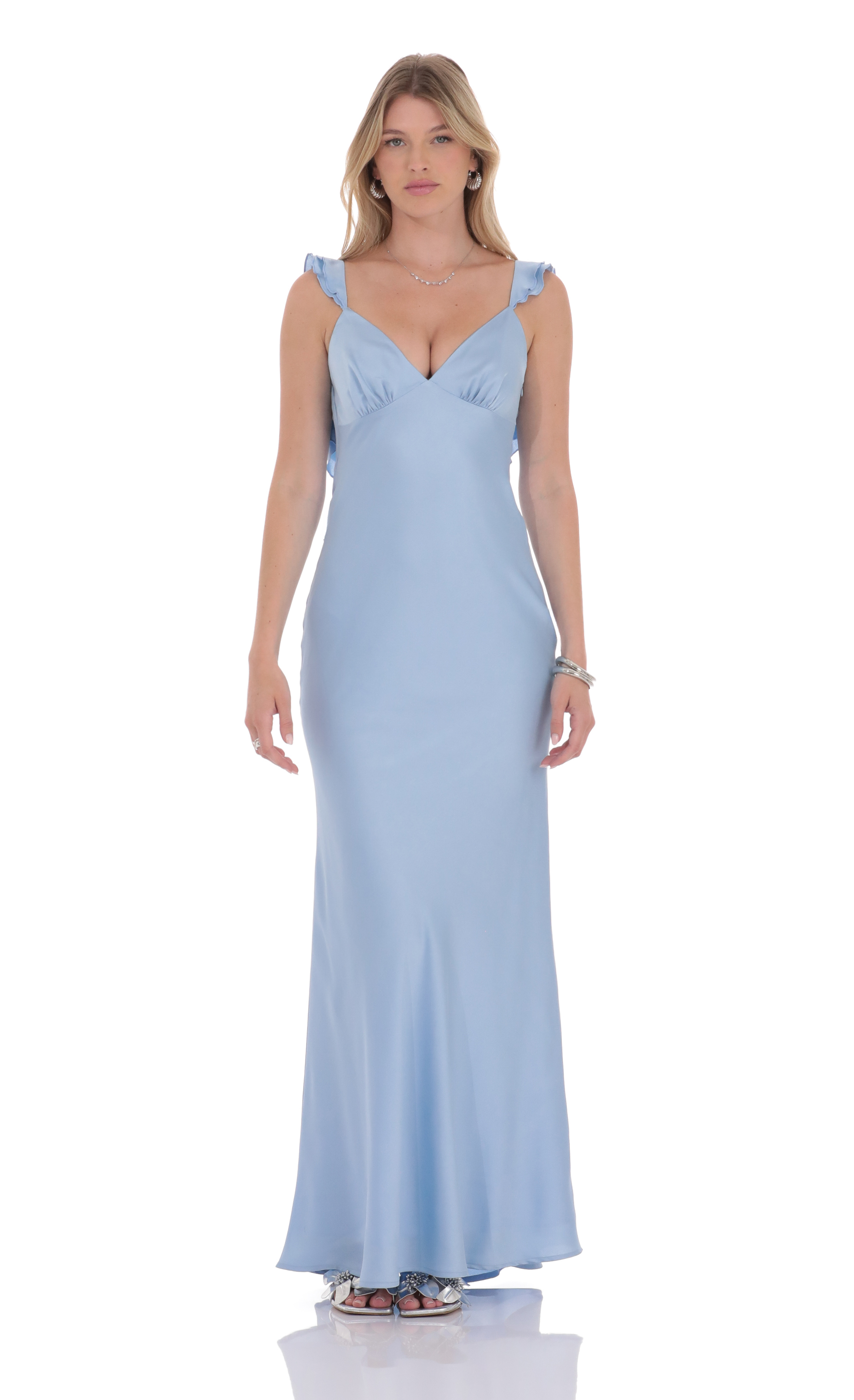 Satin Ruffle Open Maxi Dress in Light Blue-My Sky Diva