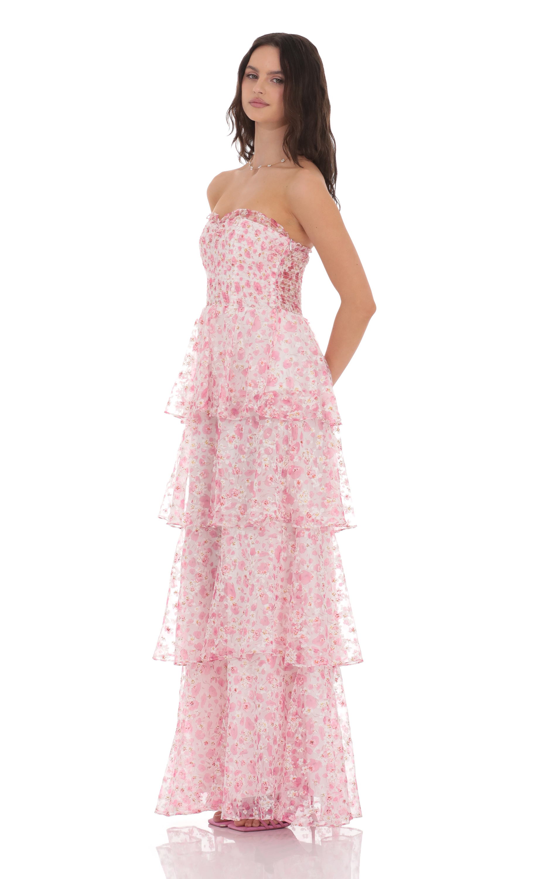 Smocked Floral Ruffle Maxi Dress in Pink-My Sky Diva