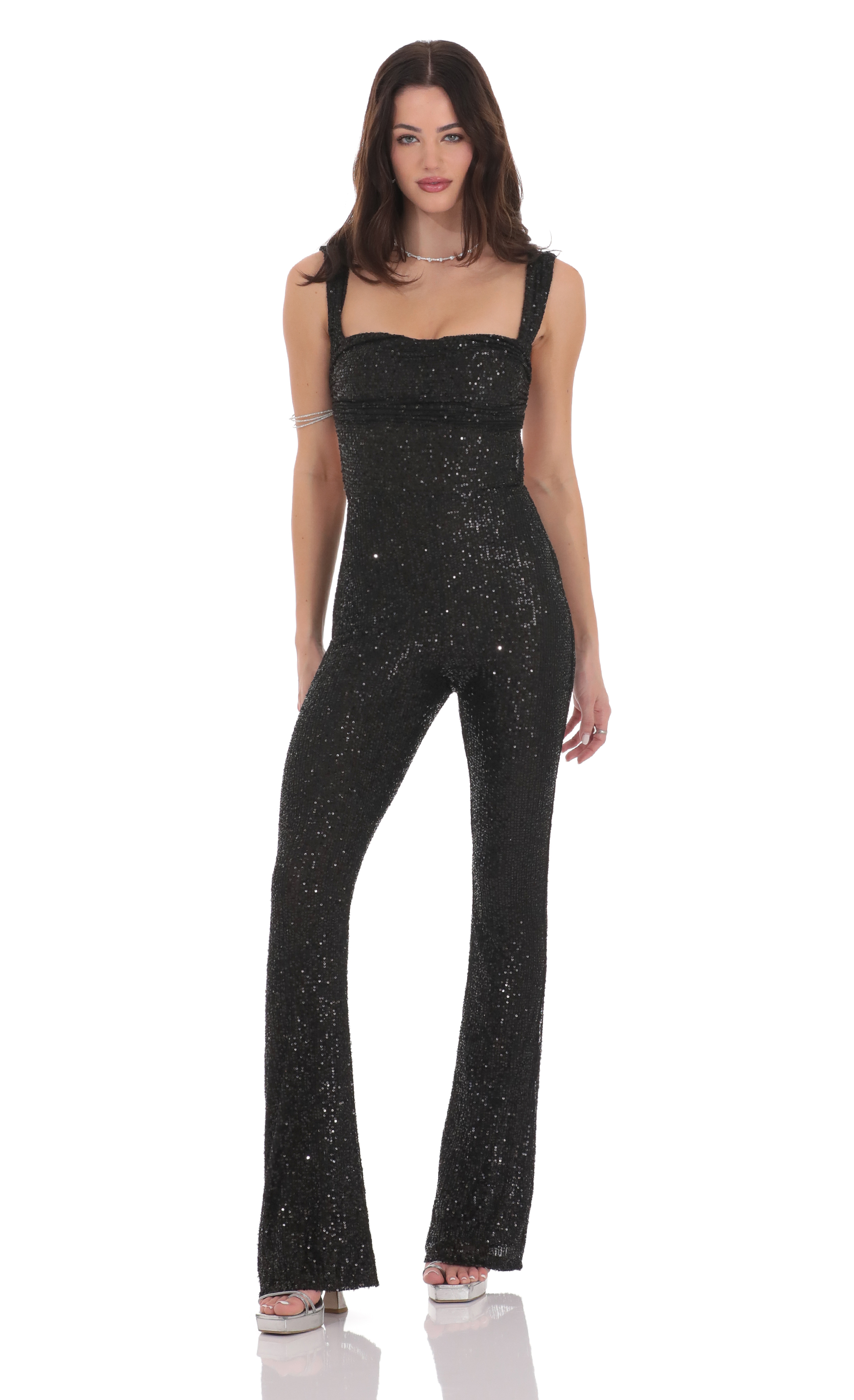 Sequin Back Tie Jumpsuit in Black-My Sky Diva