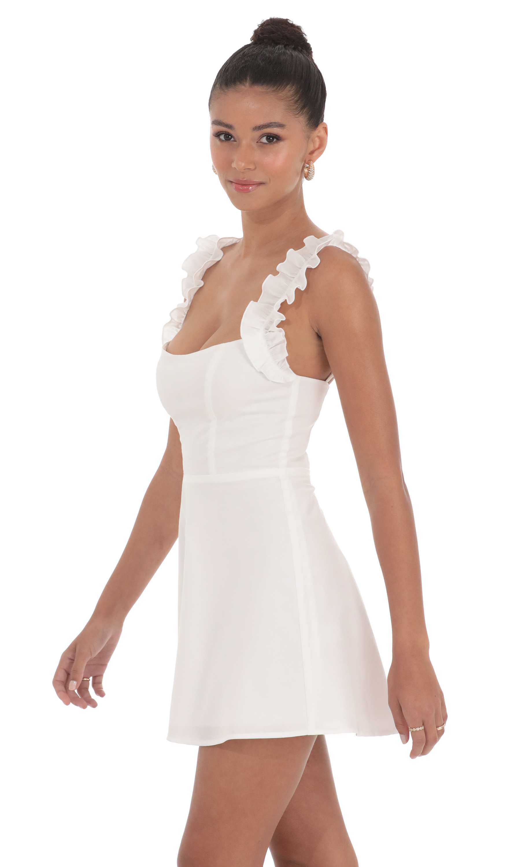 Ruffle Strap A-line Dress in White-My Sky Diva
