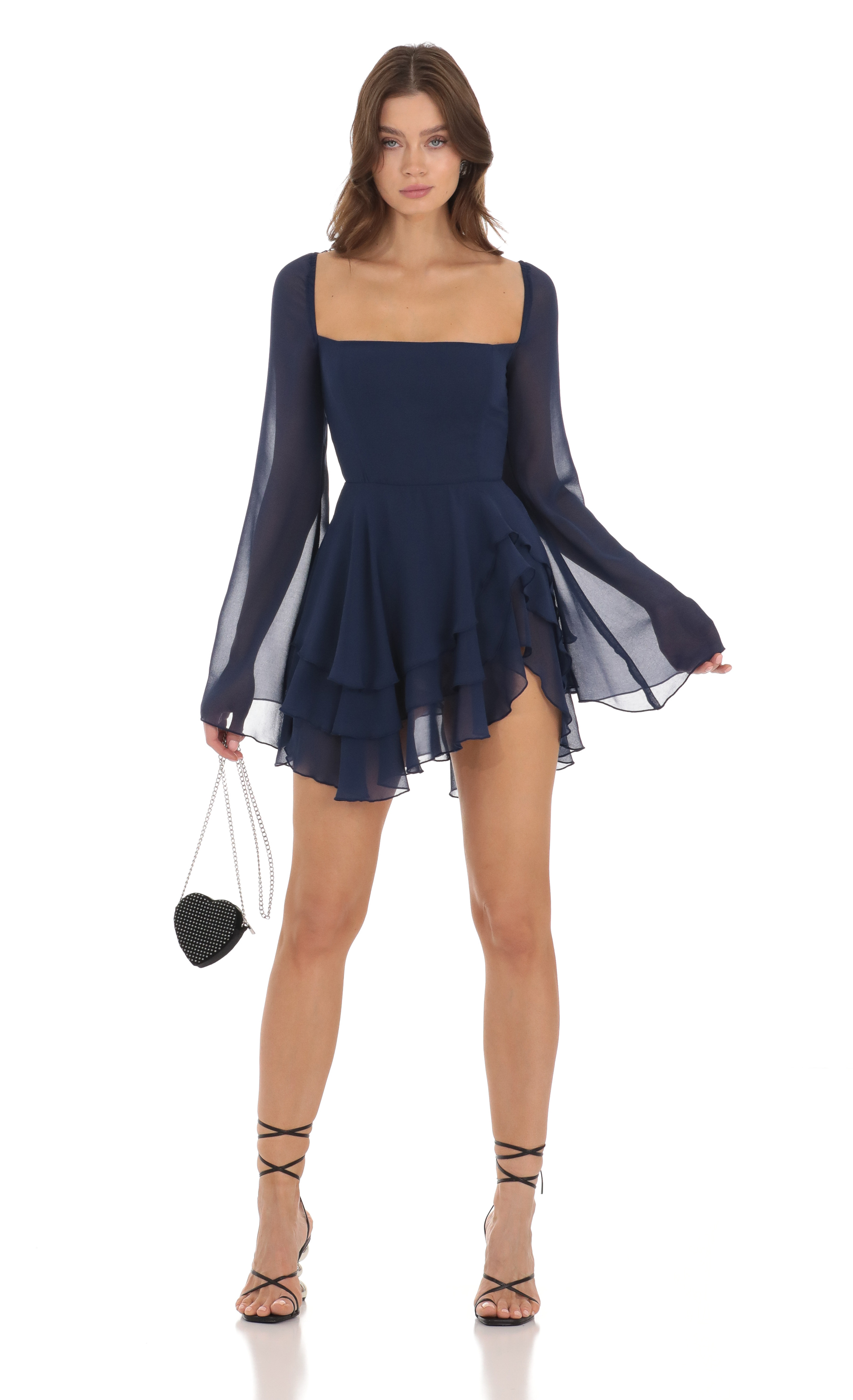 Chiffon Bell Sleeve Dress in Navy-My Sky Diva