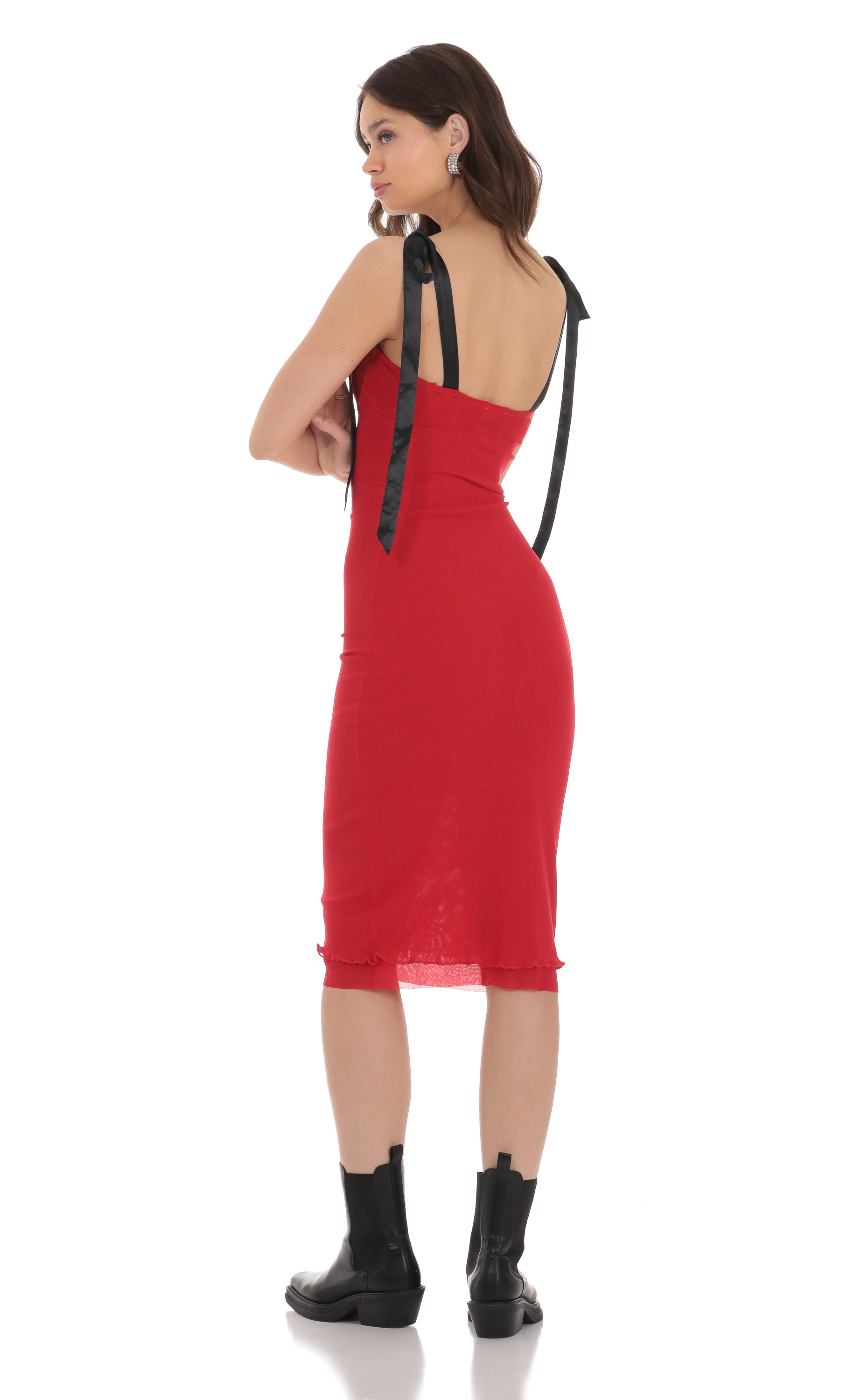 Mesh Black Shoulder Ties Midi Dress in Red-My Sky Diva