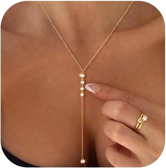 Gold Necklace for Women, Dainty Long Necklace 14k Gold Plated/Silver Y-Shaped Pendant Necklaces Trendy Beaded Chain Drop Necklaces Jewelry for Women Gifts