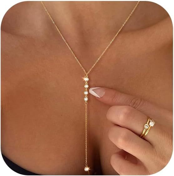 Gold Necklace for Women, Dainty Long Necklace 14k Gold Plated/Silver Y-Shaped Pendant Necklaces Trendy Beaded Chain Drop Necklaces Jewelry for Women Gifts