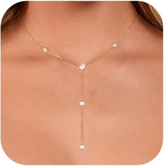 Gold Necklace for Women, Dainty Long Necklace 14k Gold Plated/Silver Y-Shaped Pendant Necklaces Trendy Beaded Chain Drop Necklaces Jewelry for Women Gifts