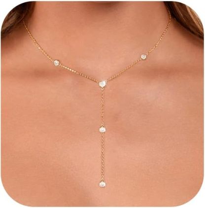 Gold Necklace for Women, Dainty Long Necklace 14k Gold Plated/Silver Y-Shaped Pendant Necklaces Trendy Beaded Chain Drop Necklaces Jewelry for Women Gifts