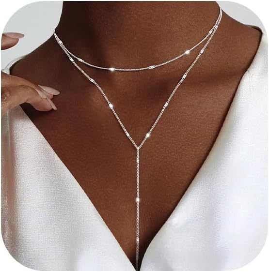 Gold Necklace for Women, Dainty Long Necklace 14k Gold Plated/Silver Y-Shaped Pendant Necklaces Trendy Beaded Chain Drop Necklaces Jewelry for Women Gifts