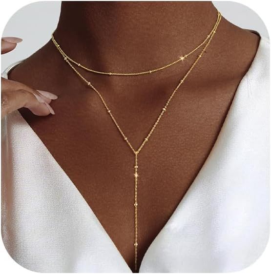Gold Necklace for Women, Dainty Long Necklace 14k Gold Plated/Silver Y-Shaped Pendant Necklaces Trendy Beaded Chain Drop Necklaces Jewelry for Women Gifts