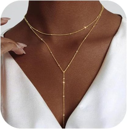 Gold Necklace for Women, Dainty Long Necklace 14k Gold Plated/Silver Y-Shaped Pendant Necklaces Trendy Beaded Chain Drop Necklaces Jewelry for Women Gifts