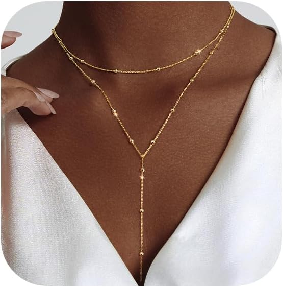Gold Necklace for Women, Dainty Long Necklace 14k Gold Plated/Silver Y-Shaped Pendant Necklaces Trendy Beaded Chain Drop Necklaces Jewelry for Women Gifts