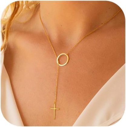 Gold Necklace for Women, Dainty Long Necklace 14k Gold Plated/Silver Y-Shaped Pendant Necklaces Trendy Beaded Chain Drop Necklaces Jewelry for Women Gifts