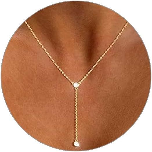Gold Necklace for Women, Dainty Long Necklace 14k Gold Plated/Silver Y-Shaped Pendant Necklaces Trendy Beaded Chain Drop Necklaces Jewelry for Women Gifts