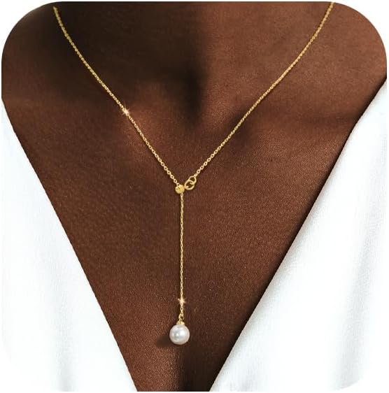 Gold Necklace for Women, Dainty Long Necklace 14k Gold Plated/Silver Y-Shaped Pendant Necklaces Trendy Beaded Chain Drop Necklaces Jewelry for Women Gifts