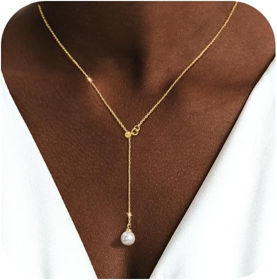 Gold Necklace for Women, Dainty Long Necklace 14k Gold Plated/Silver Y-Shaped Pendant Necklaces Trendy Beaded Chain Drop Necklaces Jewelry for Women Gifts