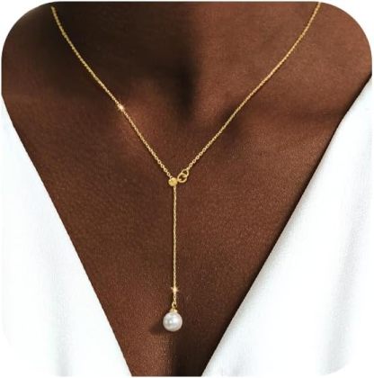 Gold Necklace for Women, Dainty Long Necklace 14k Gold Plated/Silver Y-Shaped Pendant Necklaces Trendy Beaded Chain Drop Necklaces Jewelry for Women Gifts