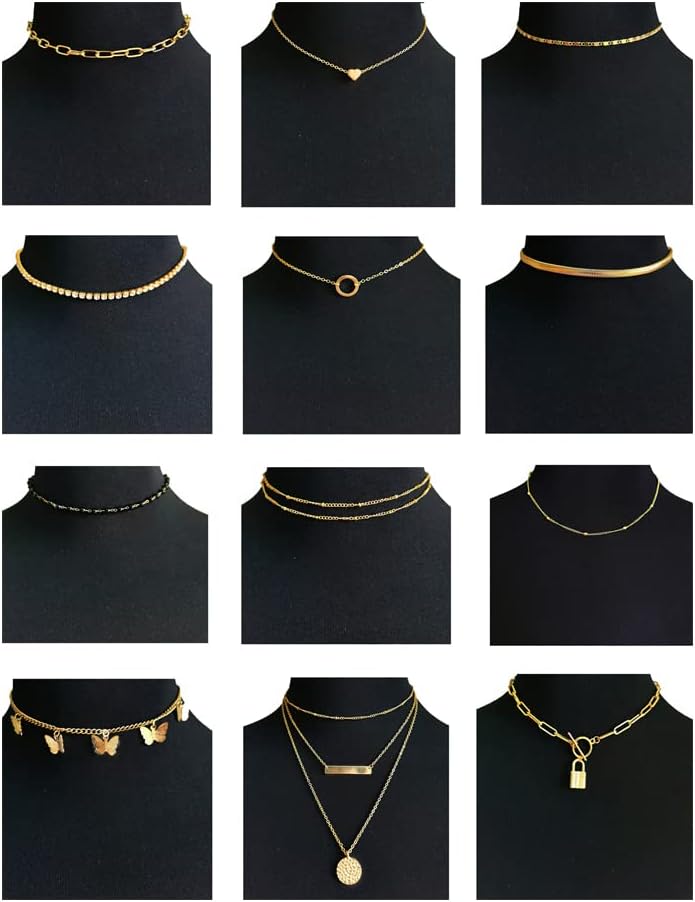 12pcs Chain Gold Bead Necklace Coin Moon Star Pearl Pendant Chain Choker Multilayer Necklace Leather Cord Set for Women Men Adjustable Gold Tone