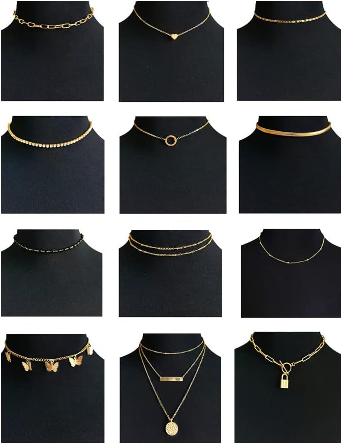 12pcs Chain Gold Bead Necklace Coin Moon Star Pearl Pendant Chain Choker Multilayer Necklace Leather Cord Set for Women Men Adjustable Gold Tone