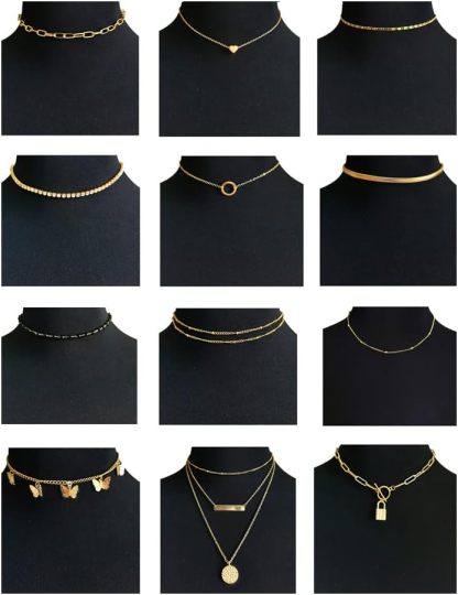12pcs Chain Gold Bead Necklace Coin Moon Star Pearl Pendant Chain Choker Multilayer Necklace Leather Cord Set for Women Men Adjustable Gold Tone
