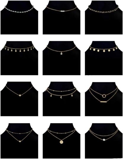 12pcs Chain Gold Bead Necklace Coin Moon Star Pearl Pendant Chain Choker Multilayer Necklace Leather Cord Set for Women Men Adjustable Gold Tone