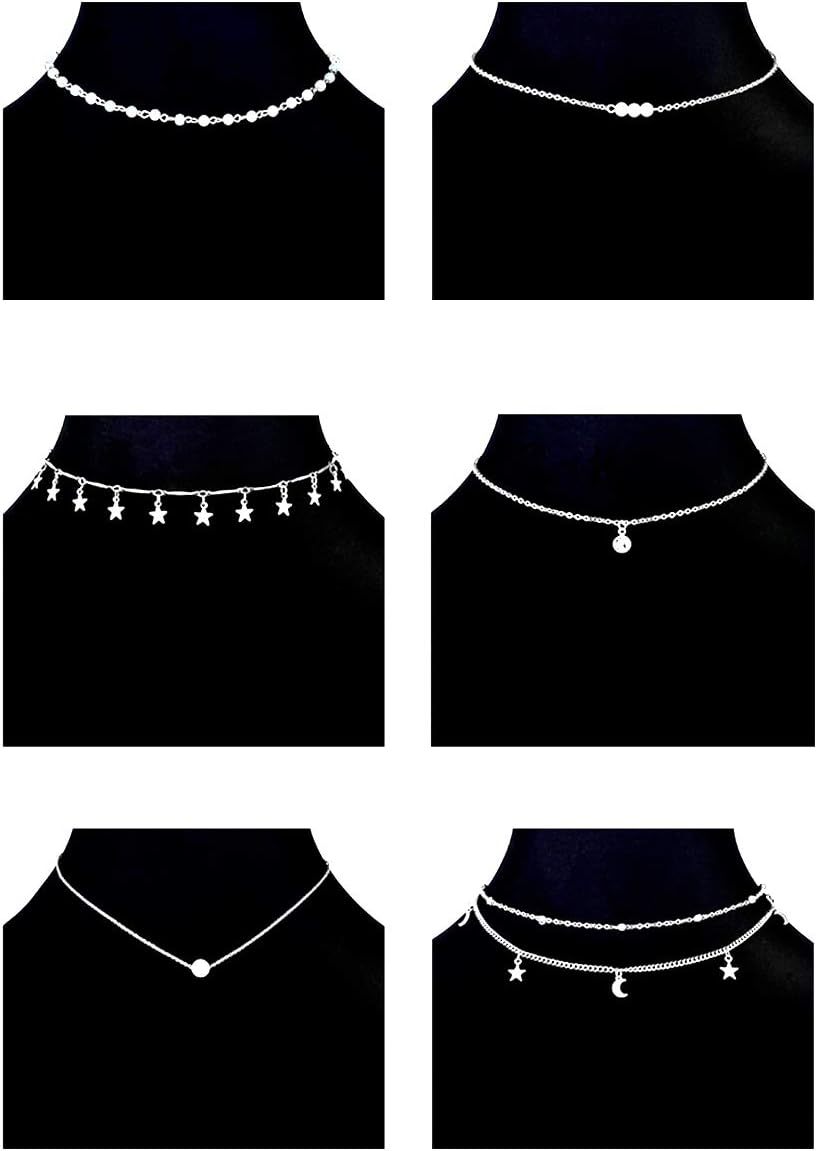 12pcs Chain Gold Bead Necklace Coin Moon Star Pearl Pendant Chain Choker Multilayer Necklace Leather Cord Set for Women Men Adjustable Gold Tone