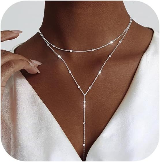 Gold Necklace for Women, Dainty Long Necklace 14k Gold Plated/Silver Y-Shaped Pendant Necklaces Trendy Beaded Chain Drop Necklaces Jewelry for Women Gifts