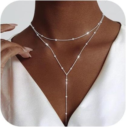 Gold Necklace for Women, Dainty Long Necklace 14k Gold Plated/Silver Y-Shaped Pendant Necklaces Trendy Beaded Chain Drop Necklaces Jewelry for Women Gifts