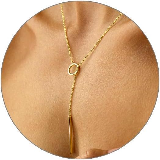 Gold Necklace for Women, Dainty Long Necklace 14k Gold Plated/Silver Y-Shaped Pendant Necklaces Trendy Beaded Chain Drop Necklaces Jewelry for Women Gifts